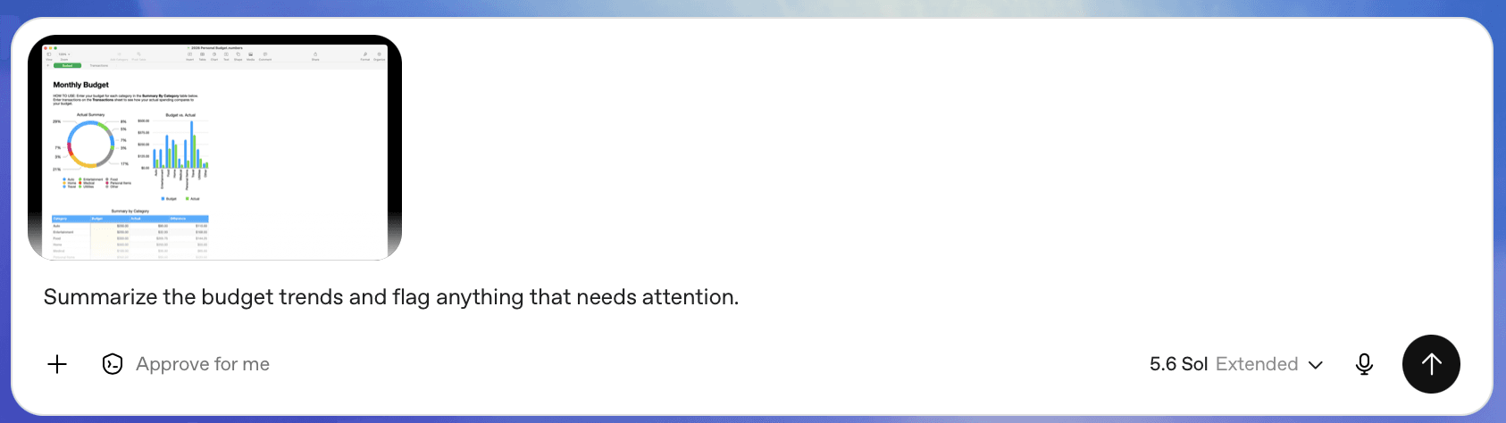 Codex Appshots attached to a prompt with a budget dashboard screenshot