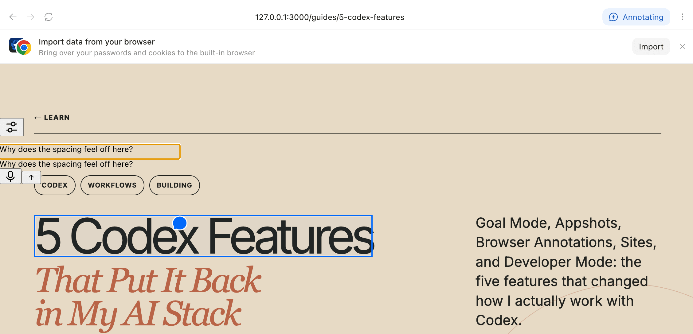 Codex Browser Annotations active on a webpage