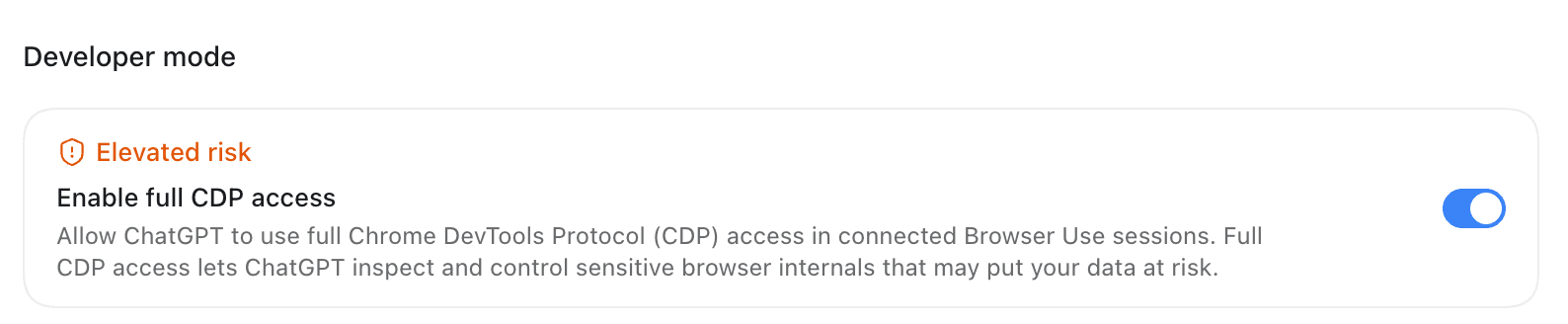 Codex Developer Mode setting with full CDP access enabled